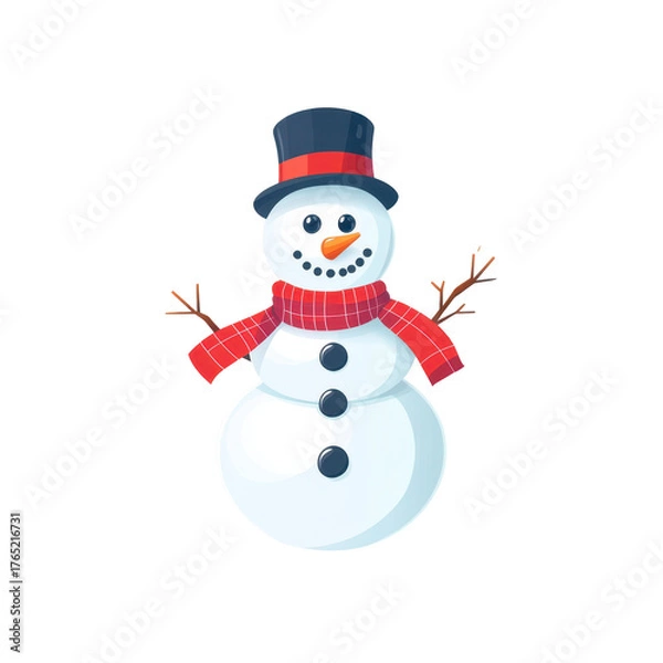 Fototapeta Whimsical snowman: A delightful snowman stands, embodying winter joy, adorned with a classic hat, vibrant scarf and twig arms, creating a scene of festive cheer.