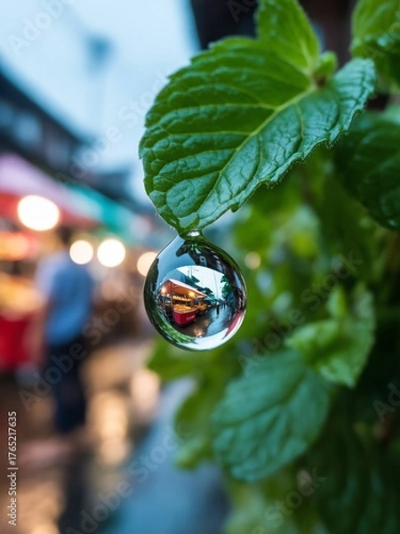 Fototapeta World in a Drop Market Scene Reflection Green Leaf Macro Detail
