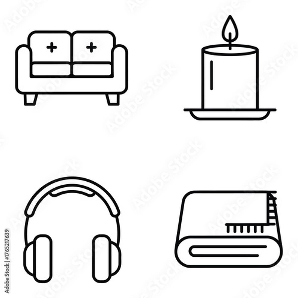 Obraz Outline vector icons sofa candle headphones and folded blanket for comfort and relaxation