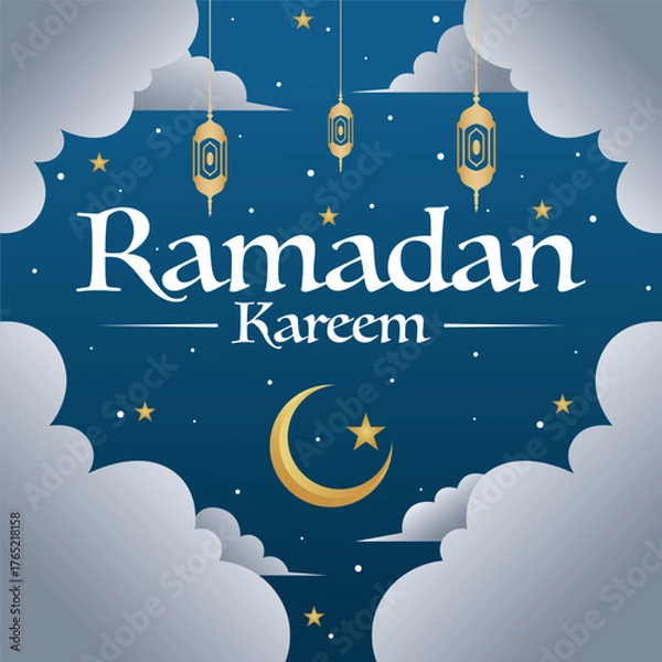 Fototapeta Lettering, Illustration Ramadan Kareem with Golden Crescent Moon and Lanterns Against  Serene Blue Night, Vector Calligraphy Design, Usable for Poster, Banners, Postcards, Wallpaper, Gifts etc.