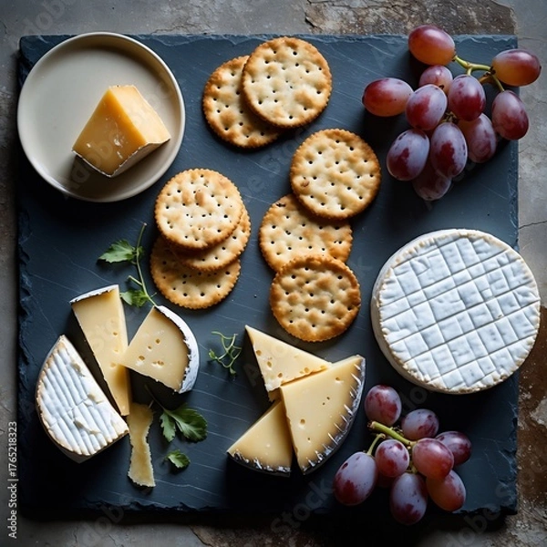 Fototapeta Gourmet Cheese Plate with Crackers and Grapes Perfect for Entertaining