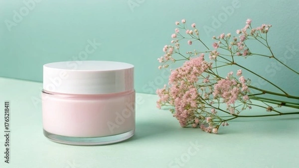 Obraz Elegant pink cream jar with delicate pink flowers on a mint green background
