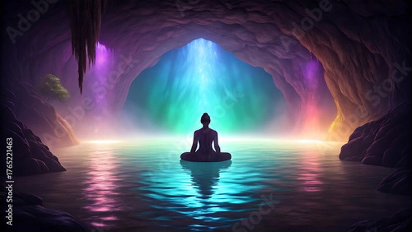 Fototapeta Silhouette of person meditating in a glowing cave with colorful light and water