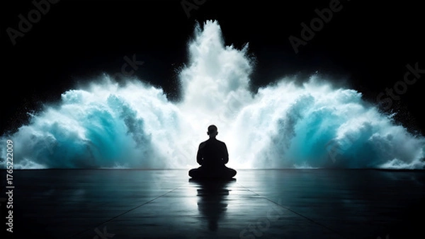 Fototapeta Person meditating in front of a powerful water fountain at night