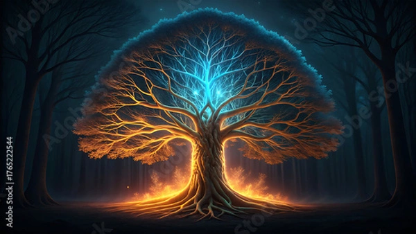 Fototapeta Mystical glowing tree of life with vibrant energy in dark forest