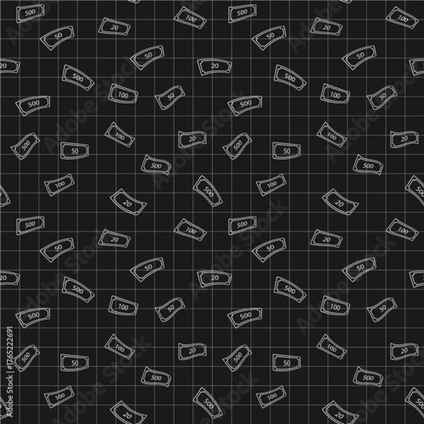 Obraz Seamless black checkered pattern with falling abstract banknotes. Vector graphics.