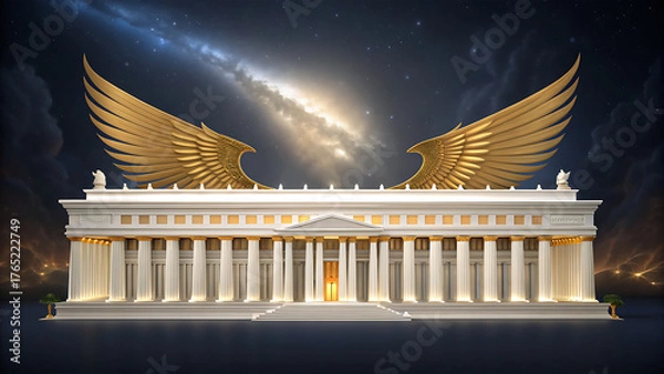 Fototapeta Majestic ancient temple with golden wings under a starry sky