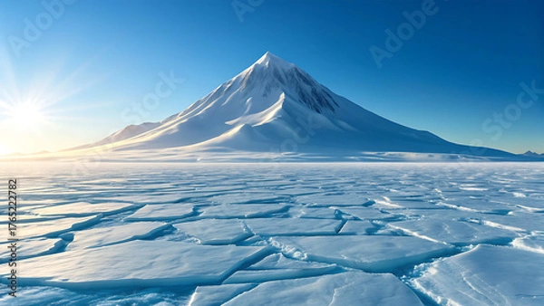 Fototapeta Majestic snow capped mountain peak rising above a vast frozen landscape under a clear blue sky