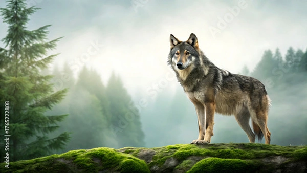 Fototapeta Majestic wolf standing on mossy rocks in a misty forest