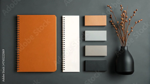 Fototapeta Overhead view of a notebook ruler color swatches and dried flowers in a vase