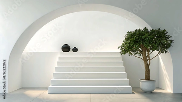 Fototapeta Modern minimalist interior with white stairs and a potted tree