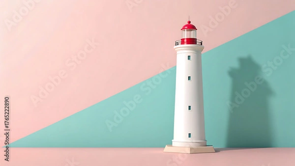 Fototapeta Minimalist lighthouse model against a pastel pink and teal background