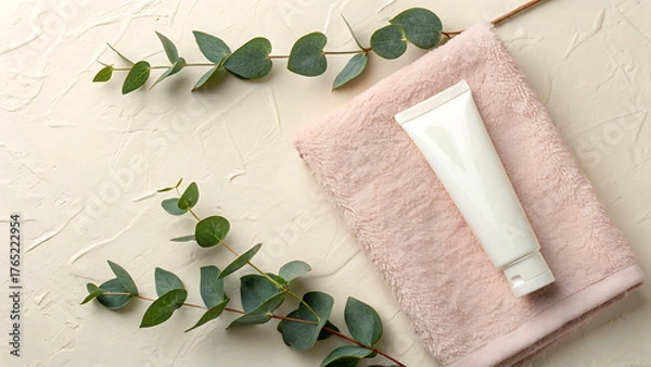 Fototapeta Natural skincare product tube with eucalyptus on soft pink towel