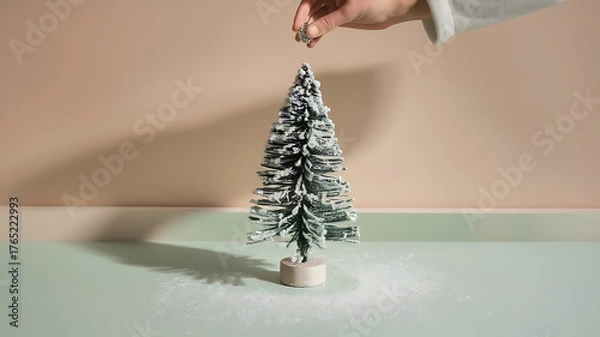 Fototapeta Hand decorating a small flocked christmas tree with glitter