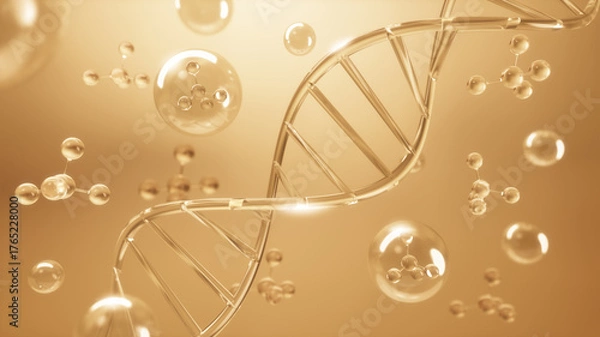 Fototapeta Gold DNA and molecular structure, Skin care cosmetic concept, 3D rendering