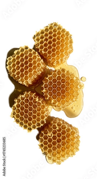 Fototapeta Golden Honeycomb Clusters With Drips On Shiny Yellow Background