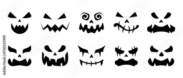 Obraz Halloween collection of spooky pumpkin face silhouettes in black color isolated on transparent background. Scary carved Halloween face. Halloween carving stencils and cut templates. Vector