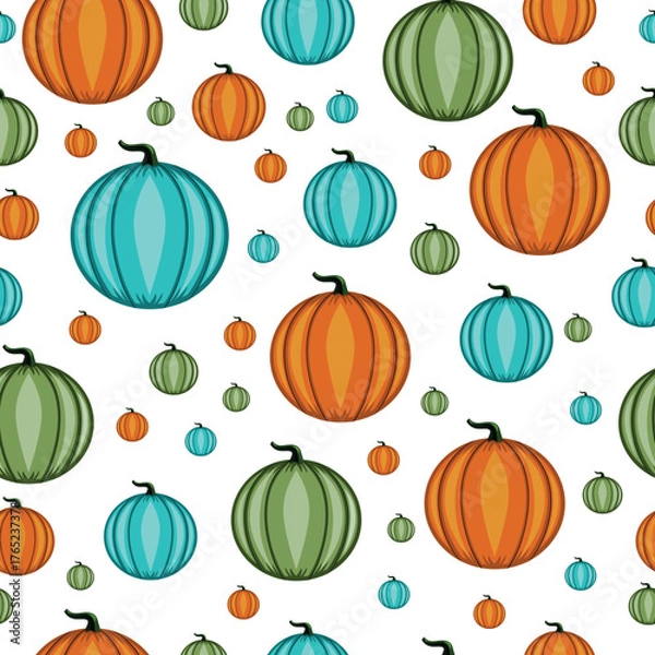 Obraz Seamless pattern with cartoon color vector pumpkins. Autumn background