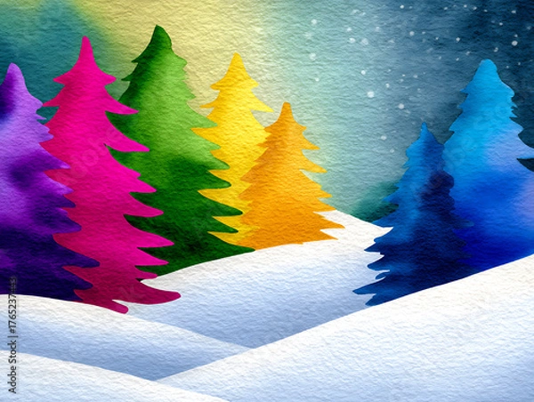 Obraz Colorful Christmas Trees in Snowy Landscape with Starry Night Sky Background