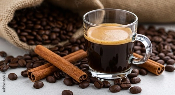 Fototapeta Aromatic morning coffee break concept with a steaming cup of hot espresso, roasted beans, and cinnamon sticks on a sunlit table