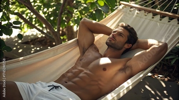Fototapeta Hammock Relaxation: Sun-Pattern on Bare Skin. Man lying on a hammock outdoors, chest and arms exposed, sun patterns filtering through leaves — relaxed, sensual and natural.
