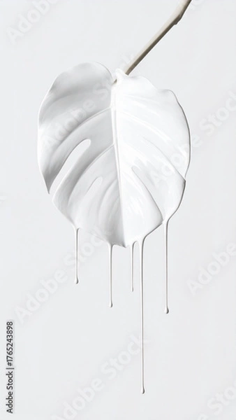 Obraz Monstera Leaf with Dripping Paint: A striking Monstera leaf, coated in white paint, exhibits a unique aesthetic as the paint gracefully drips, creating a captivating visual effect.
