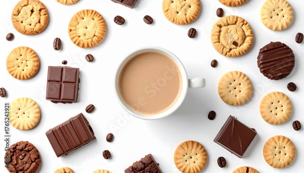 Obraz Afternoon Delight: An overhead view of a delicious arrangement of biscuits, chocolate, and coffee creating a captivating still life, evoking comfort and delight.