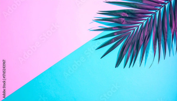Obraz Abstract Tropical Elegance: A palm frond casts an intricate shadow over a vibrant, duotone backdrop of pink and cyan, creating a striking contrast and aesthetic composition.