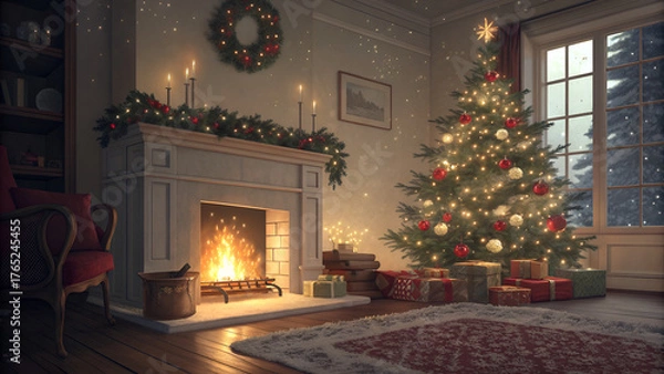 Fototapeta A warm Christmas interior featuring a fireplace with festive decorations and a fully trimmed Christmas tree in the living room