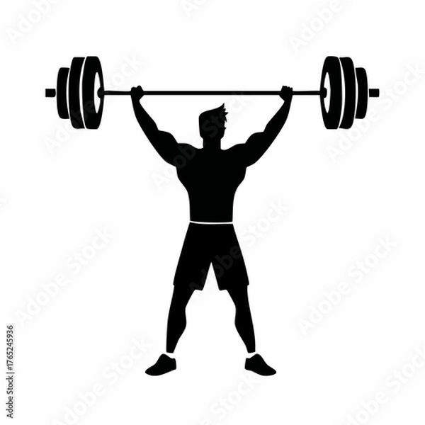 Fototapeta Black and white flat vector silhouette of a weightlifter lifting a barbell, strong and bold composition