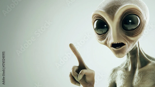 Fototapeta Surprised alien pointing a finger, copy space