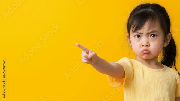 Fototapeta Angry Asian girl pointing a finger, copy space