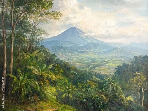 Fototapeta Lush landscape painting of a volcano, lush vegetation, and valleys