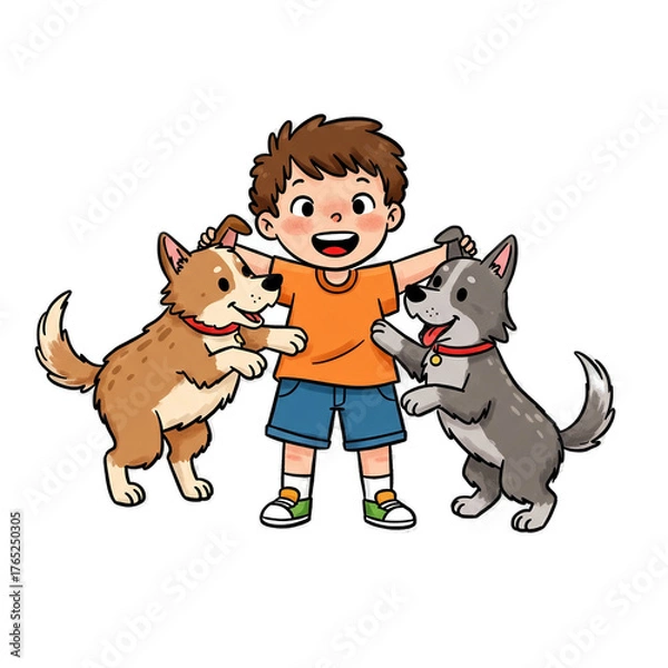 Obraz Happy Boy With Two Dogs Cartoon Illustration Isolated Transparent Background