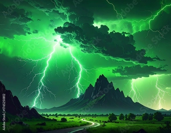 Fototapeta A vibrant green thunderstorm over a mountain range with lightning strikes