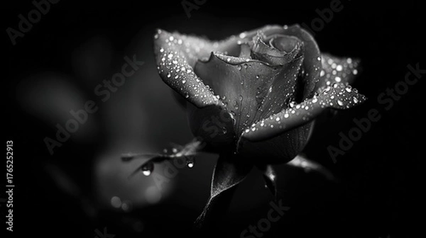 Obraz Single dew covered rose blossom appears dramatically against a pure black background