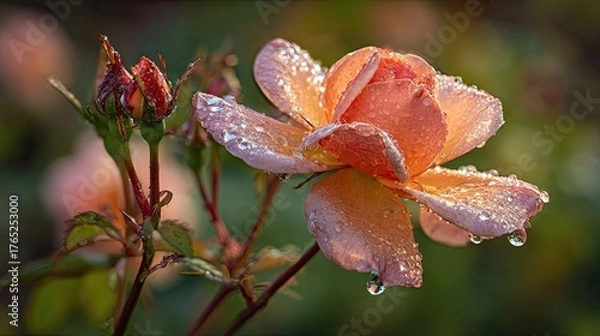 Obraz Delicate peach colored bloom displays numerous glistening water droplets against a soft backdrop