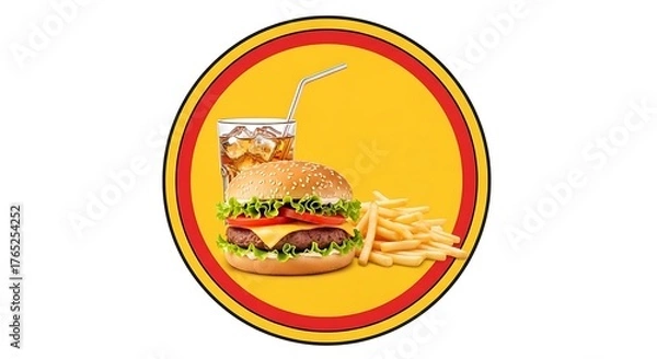 Obraz Indulge in a classic beef burger with fresh lettuce, juicy tomatoes, melted cheese, crispy fries, and a refreshing cola, perfect for fast food promotions and restaurant menus.