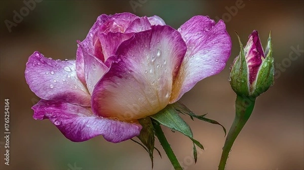 Obraz Bicolor rose blossom displaying moisture droplets alongside an unopened bud against a muted background