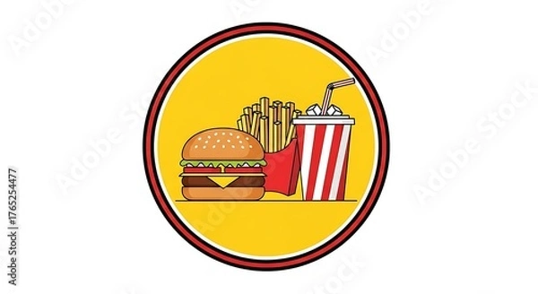 Obraz Savor the delicious combo of a juicy burger, crispy fries, and refreshing soda, a perfect treat for any craving, ideal for fast food promotions and vibrant menu designs.