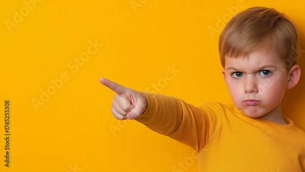 Fototapeta Angry white boy pointing a finger, copy space