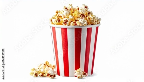 Fototapeta Classic popcorn container with red and white stripes, filled with golden popcorn and surrounded by scattered kernels on a white surface.