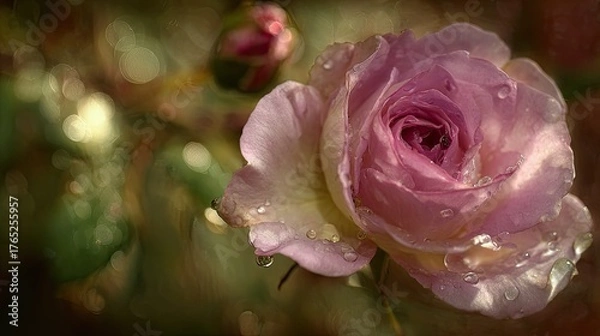 Obraz Delicate pink rose bloom glistens with fresh water droplets against a soft bokeh background