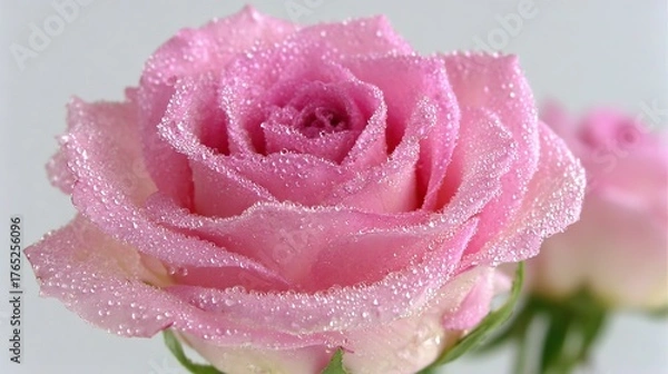 Obraz Close up of a delicate pink rose blossom covered with sparkling water droplets against a bright background