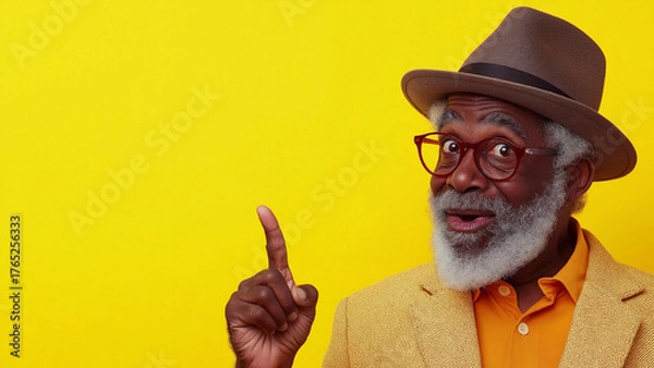 Fototapeta Surprised black old man pointing a finger, copy space