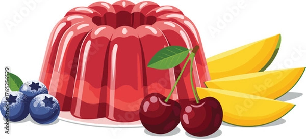 Fototapeta Delicious Red Jello Mold Dessert with Fresh Fruit Serving: A Vibrant Still Life for Culinary Presentations, Food Marketing, and Healthy Eating Concepts Featuring Blueberry, Mango, and Cherries on Whit