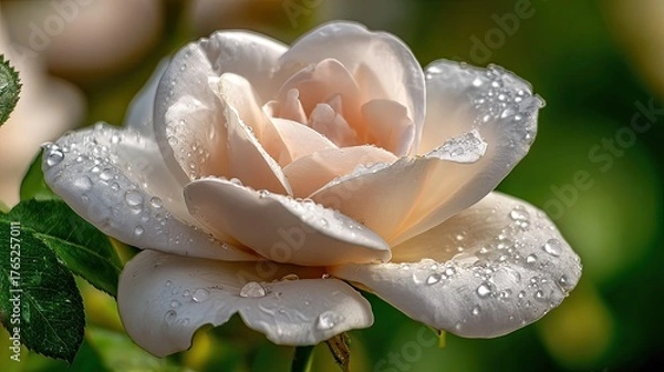 Obraz Delicate pale rose blossom covered in glistening water droplets reveals soft inner petals.