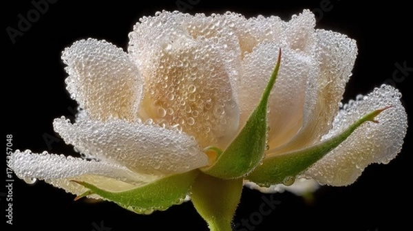 Obraz Delicate pale flower bud is heavily coated in shimmering droplets against a dark background