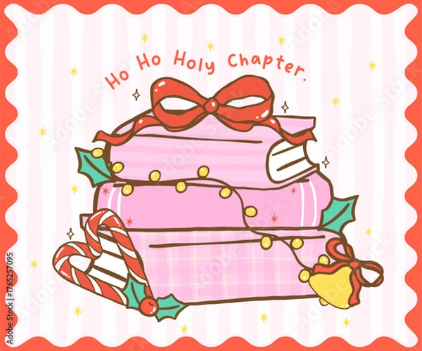 Obraz Cute Coquette Gingham Christmas Cozy Reading Bookish Stack Pink Books Gift Wrapped with Red Ribbon Bow Festive cartoon hand drawn holiday illustration