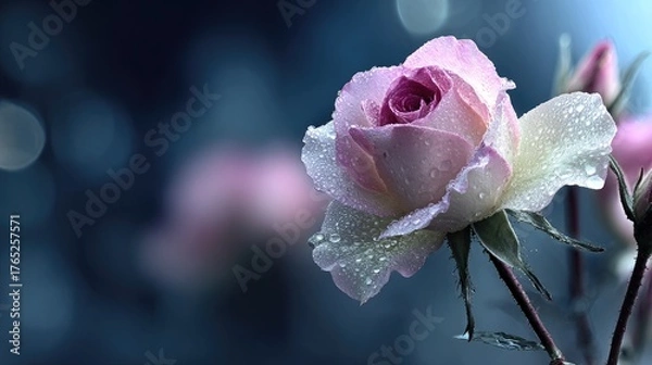 Obraz Delicate pale pink bloom displays numerous glistening moisture droplets against a dark background